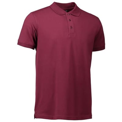 ID Identity polo shirt i bordeaux, størrelse S, med stretch og tone-i-tone-knapper, præsenteret på en hvid baggrund.