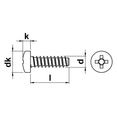 Teknisk tegning af 2,2x8,0 mm FZB el galvaniseret panhoved pladeskrue med pozi spor og dimensioner markeret.
