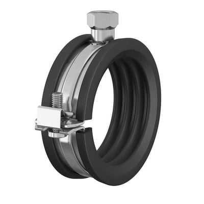 Flamco BSA rørbøjle til rør mellem 56-60 mm med M8/10 gevind og lyddæmpende gummibånd. Elforzinket stål.