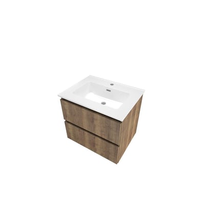 Sanibell Proline møbelsæt i terra eg med 2 grebsfrie softclose skuffer og hvid porcelænsvask med hanehul.