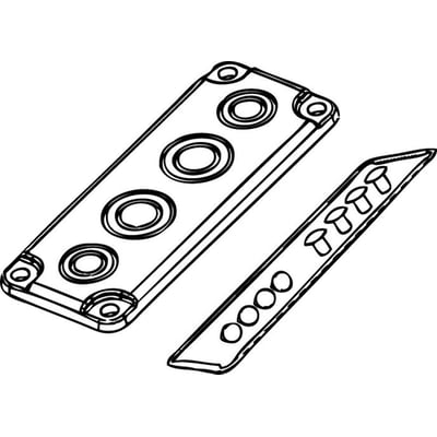 Detaljeret illustration af en grå Fibox blanketflange i polycarbonat, med fire store cirkulære membraner og en medfølgende stribe med skruer.