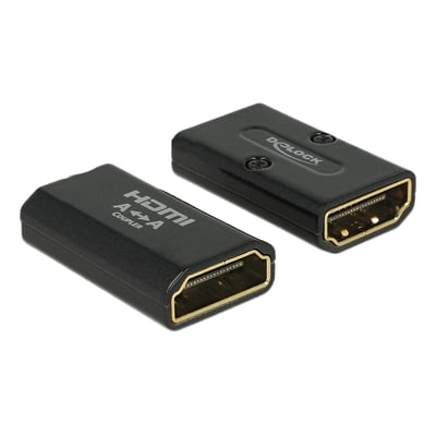 Sort DeLock HDMI 1.4-adapter med HDMI-A-hunstik i begge ender, vist fra to vinkler.