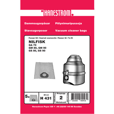 Pakke med 5 stk Hanestrom støvsugerposer model H 431, kompatible med Nilfisk GA 70, GM 80, GM 90, GS 80, GS 90.