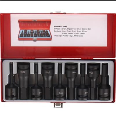 Tecos 1/2" XL75MM krafttopsæt med 9 dele i metalæske med 9 sorte, fosfaterede unbrako-toppe i forskellige størrelser.