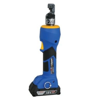 Klauke akku boltklipper EBS8CFB i blå og sort med gult trykknap og 18V batteri.