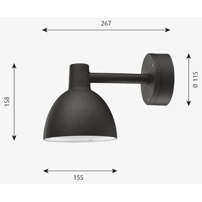 Louis Poulsen Toldbod væglampe 155 i sort aluminium med dimensioner angivet på billedet.