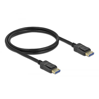 Sort DisplayPort-kabel fra DeLock med ABS-huse og to stik, vist oprullet.