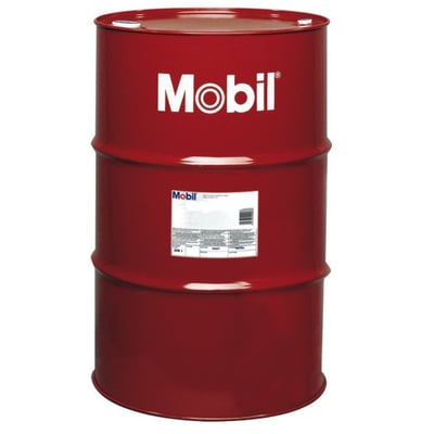 Rød Mobilgear 600 XP 220 olietønde på 208 liter med hvid Mobil logo og mærkat i midten.