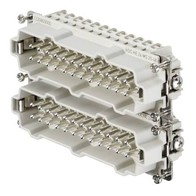 Weidmüller HDC Han-Indsats med 24 poler og jord, med skruetilslutning, set fra siden med fokus på de mange stikpinde.