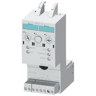 Siemens SIRIUS SC power controller 3RF29, 90A, 110-230V, 24VAC/DC med betjeningsknapper og LED-indikatorer på hvid baggrund.