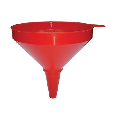 Den røde Kabi plasttragt model 1215, 250 mm, er vist fra siden med fokus på tragtens koniske form og udløb.