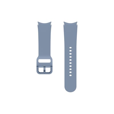 Samsung blå sportsrem i størrelse S/M til Watch4 og Watch5, vist i to dele med spænde og justeringshuller.