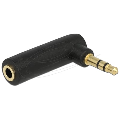 Sort, vinklet DeLock audioadapter med 3,5 mm stereojack, hanstik og hunstik set skråt fra siden.