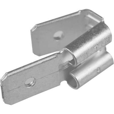 Elpress uisoleret spadestik til 6,3x0,8 mm, med 1 hun- og 2 han-tilslutninger, fremstillet af messing.