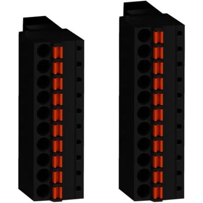 To sorte Schneider Electric aftagelige klemrækker med orange fjederterminaler på hvid baggrund.