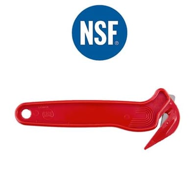 PHC rød NSF godkendt skærer til bånd og film, fremstillet af fødevaregodkendt plast med rustfri stålblad.