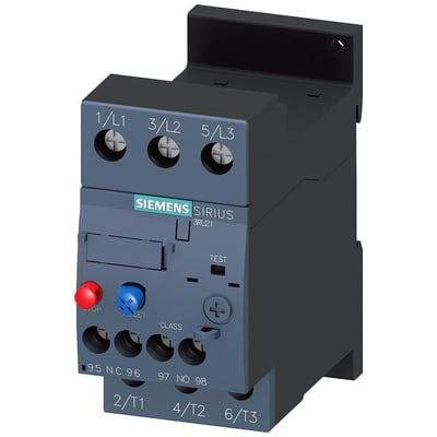 Siemens overbelastningsrelæ SIRIUS 3RU21 i størrelse S0, 27-32A, med skrueterminaler og tydelige markeringer for L1, L2, L3 og tilslutninger.