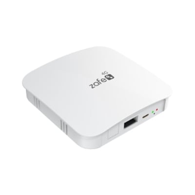 Zafe gateway 4G med hvidt, afrundet kabinet, set skråt forfra med netværksport og statuslamper synlige.