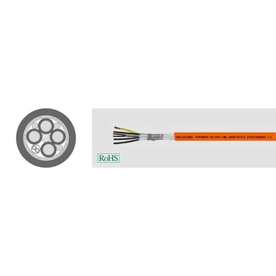 HELUKABEL TOPSERV 112 PVC styrekabel med orange kappe, vist med tværsnit og afskåret ende, der viser ledere og afskærmning.