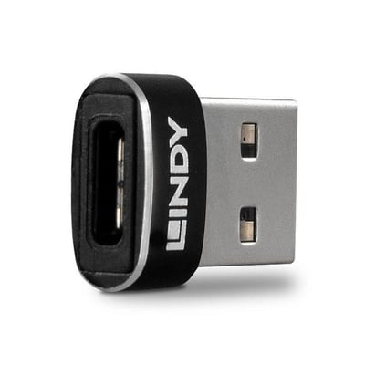 Lindy USB 2.0 Type A til C-adapter i sort og sølvfarvet metal med sort tekst. Adapteren er vist med USB-A-stikket til højre og en sort USB-C-port til venstre.