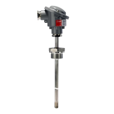 Set fra siden viser dette billede Danfoss MBT 5252 temperaturføler med tydelig mærkning og 200mm stålstav.