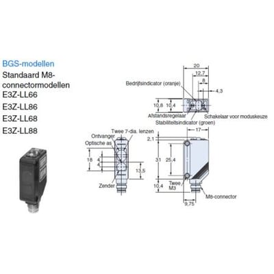 Omron fotoelektrisk sensor E3Z-LL88 OMS med tekniske diagrammer og dimensioner, viser huset og komponentplacering.