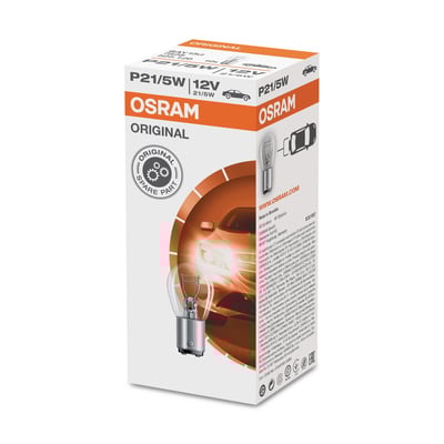 Osram Original auto lampe 21/5W BAY15d 12V med dobbelte glødetråde på emballage med bilillustration.