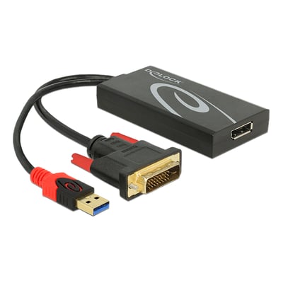 Sort DeLOCK DVI 24+1 til DisplayPort 1.2-adapter med kort kabel, DVI-stik, DisplayPort-port og USB-stik.