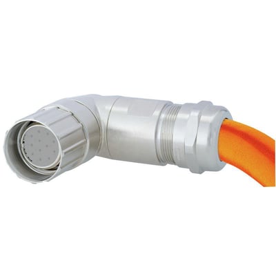 Weidmüller M23-hus til rundstik i kobber-zinklegering, vist vinklet med gevindtilslutning og orange kabel.