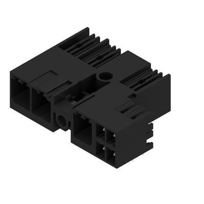 Weidmüllers sorte hybridkonnektor til printkort med tre poler, 7,62 mm afstand og 90° vinkel, set skråt forfra.