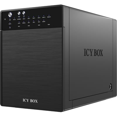 Sort ICY BOX IB-RD3640SU3 RAID-kabinet til fire 3,5-tommers harddiske, set skråt forfra og fra siden.
