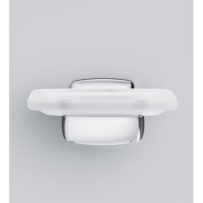 AM.PM Gem Glass sæbeskål med holder i krom med blank overflade, set forfra på grå baggrund.