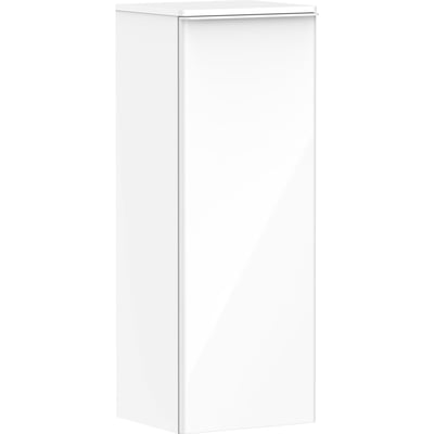 Fuld sidevisning af et Hansgrohe Xelu Q halvhøjskab i hvid højglans, fremhæver skabets slanke design og rene linjer.