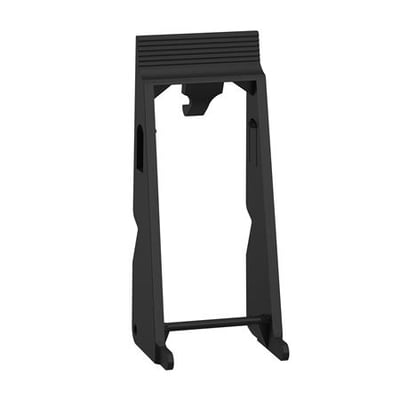 Schneider Electric holdebøjle RXZR315, sort plastik, til RXZE14P sokkel med push-in terminaler, vist på hvid baggrund.