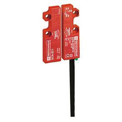 Schneider Electric magnetaftaster mini XCSDMC59110 med LED i rød, kodet NO+NC model med sort kabel.