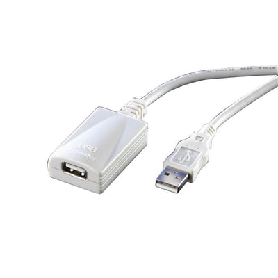 Hvidt USB 2.0 aktivt forlængerkabel med en længde på 12 meter, mærket "USB Repeater".