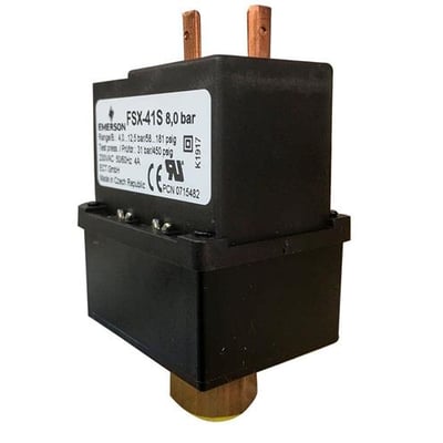 Blæserhastighedsregulator FSX-41 S med sort hus, kobberfarvede tilslutninger og synlig Emerson-mærkat.