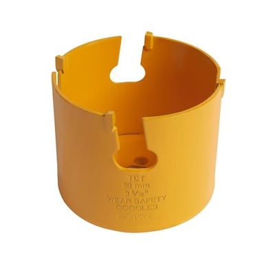Gul Ironside HM-hulsav til universel brug, 83 mm, set skråt oppefra med åbne skær og centerhul.