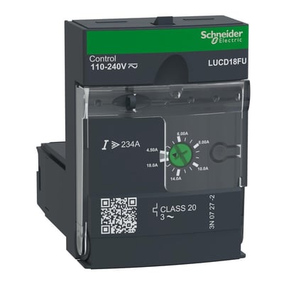 Schneider Electric TeSys U LUCD18FU strømmodul med justerbar strøm på 4,5-18A og 110-240VACDC kontrolspænding.