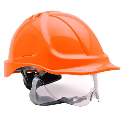 Orange PW55 sikkerhedshjelm i ABS-materiale med udtrækkeligt visir og justerbar hagestrop, fremstillet til en hovedstørrelse på 56-63 cm.
