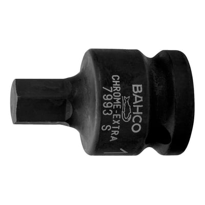 Nærbillede af Bahco 1/2" krafttop, 19 mm unbrako, med synlig chrome-extra 7993 S mærkning på den sorte overflade.