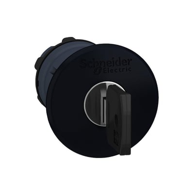 Schneider Electric ZB5 sort paddetrykhoved med 40mm diameter og Ronis nøgle 455 indsat i låsefunktionen.
