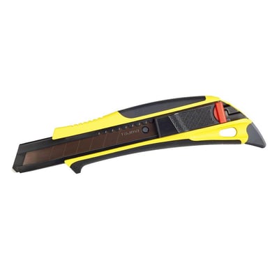 Tajima Trading 18 mm hobbykniv med autolås og tæppehage, set skråt fra siden med sort blad og gult greb.