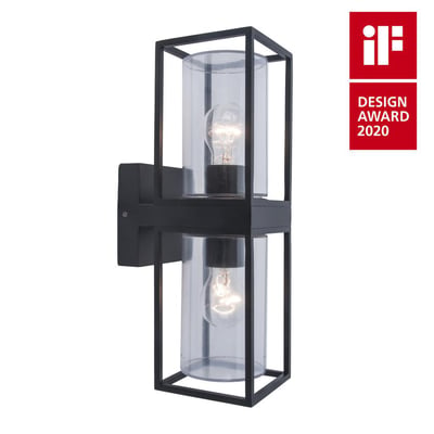 FLAIR væglampe med dobbelt lys, 40 watt, E27 fatning og glascylindre. Lampen er sort og har vundet iF DESIGN AWARD 2020.