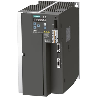 Siemens SINAMICS V90 frekvensomformer med Profinet interface, 3 AC 400V, 3.5kW og et digitalt display på fronten.
