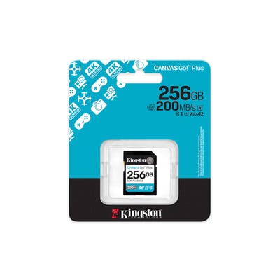 Kingston Canvas Go Plus Gen4 SDXC-hukommelseskort på 256 GB ses i turkis og sort emballage.
