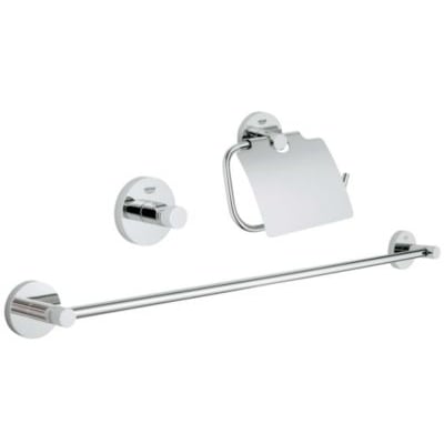 Grohe Essentials 3-i-1 tilbehørssæt i krom, bestående af 600mm håndklædeholder, krog og toiletpapirholder på væg.