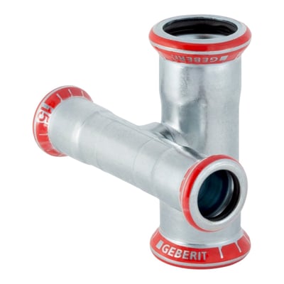 Geberit Mapress tee-kryds FZ 90° i metal med røde ringe mærket 'GEBERIT' og '15', måler 28 x 18 mm.