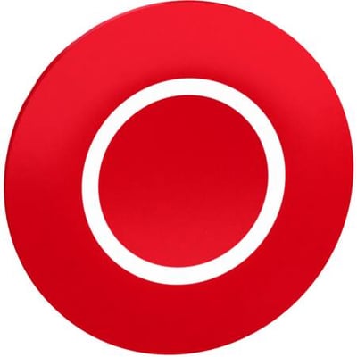 Rød trykknap cap fra Schneider Electric med hvid cirkelmarkering og kromfarvet kant, designet til Ø 22mm.