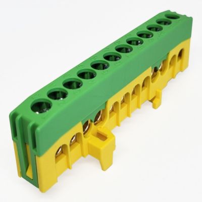 Pollmann Elektrotechnik jordklemme PE12-F2, 12 x 16 mm², grøn/gul, vist fra oven med tydelig mærkning af tilslutningspunkter og DIN-skinne montering.